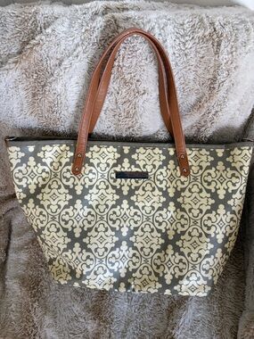 Petunia Pickle Bottom diaper bag in Cream and Brown with Patterned Canvas